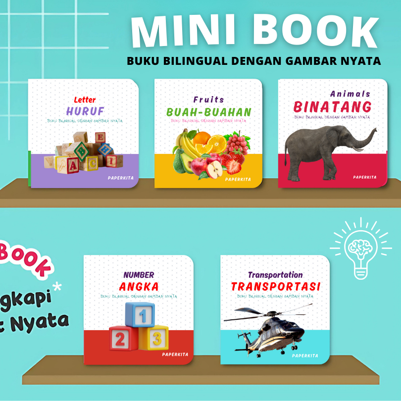 Minibook Kids Pengenalan Pengetahuan Buku Anak Bayi Balita Bilingual Hewan Buah Sayur Angka Huruf SK