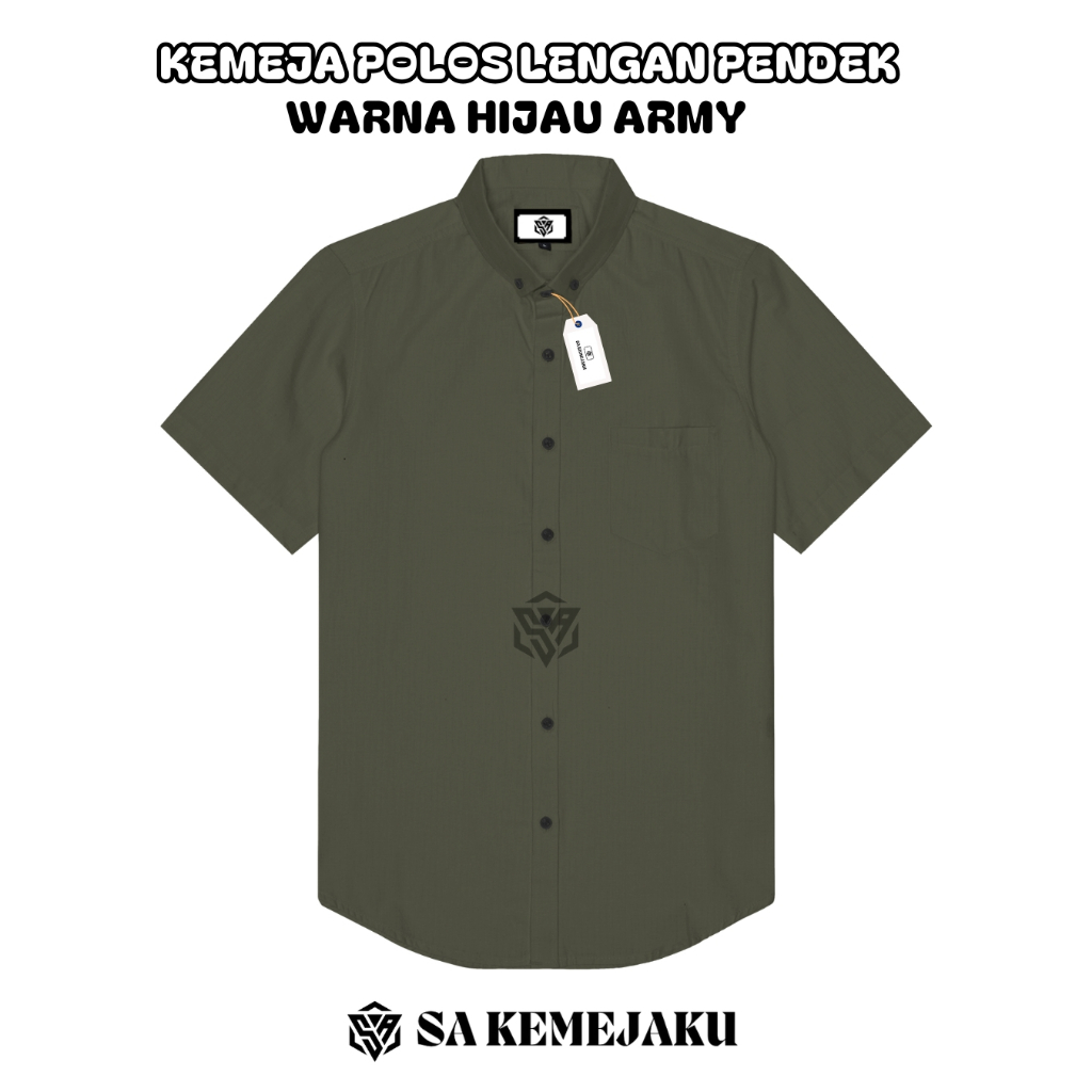 Kemeja pria lengan pendek polos warna hijau army casual slimfit hem pria katun