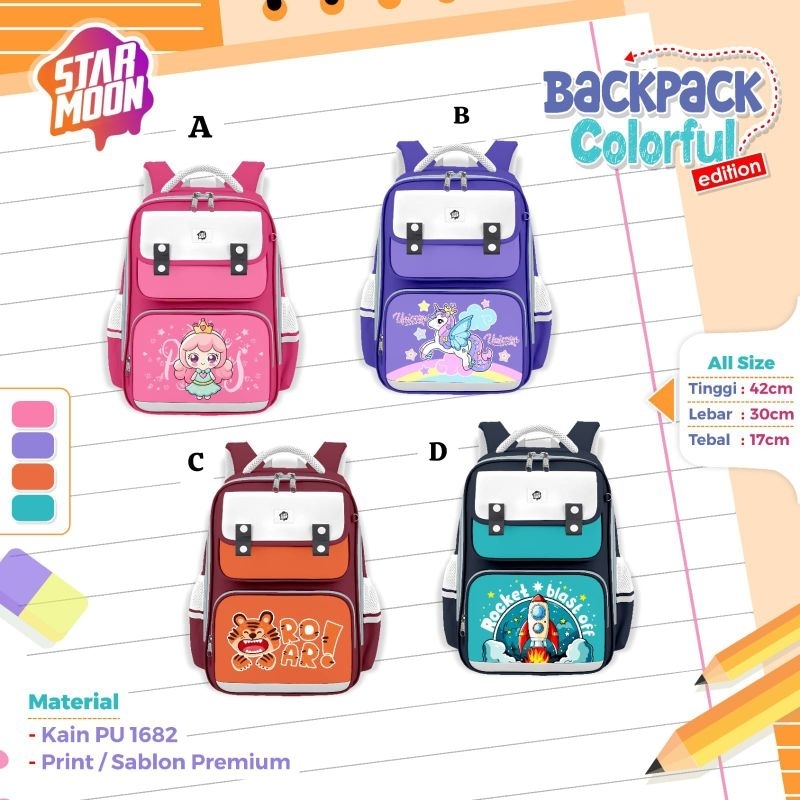Starmoon Tas Sekolah Anak Backpack Colorful Unisex Tk Sd Ransel Laptop [Close❌] Desain Colorful /Ter
