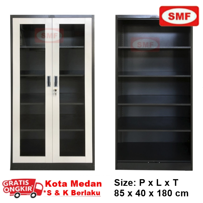 LEMARI BUKU / ARSIP 2P BESI - R 002 - LEMARI BUKU /ARSIP PINTU BUKA - MOTIF ABU TUA & PUTIH GADING