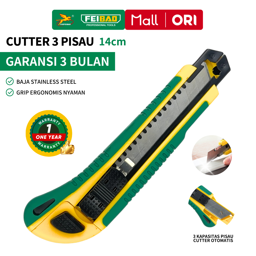 

Feibao Cutter 3 Pisau / 3 Blade Utility Knife / Penggantian Otomatis / Stainless Steel / F32-3