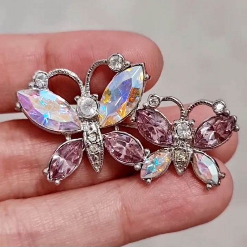 AVON Gorgeous Silver Tone and Aurora Borealis Rhinestone Baby and Mommy Butterfly Brooch