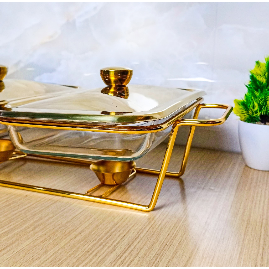 Premiere Home Canada Serving Plate Kaca Gold Premium / Prasmanan Persegi Panjang / Mangkuk Sup / Pir