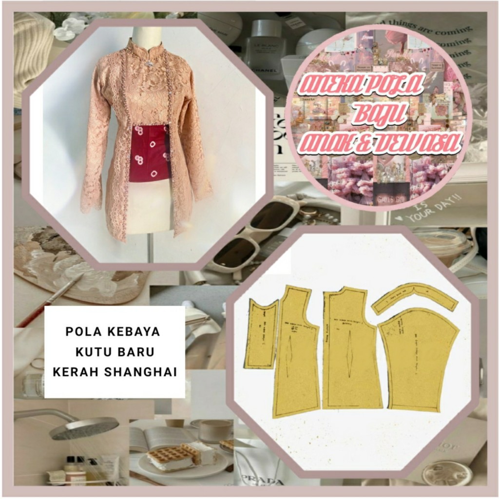 Pola Kebaya Kutu Baru Kerah Shanghai | Pola Instan Kebaya Kutu Baru Kerah Shanghai | Pola Jiplak | P