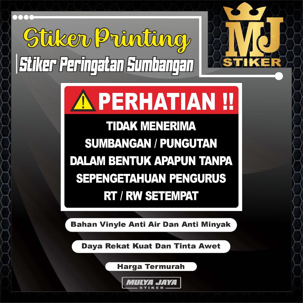 

PROMO Mulya Jaya Stiker Peringatan Sumbangan / Stiker Tidak Menerima Pungutan / Bahan Vinyl Glossy (Anti Air/Tahan Air)