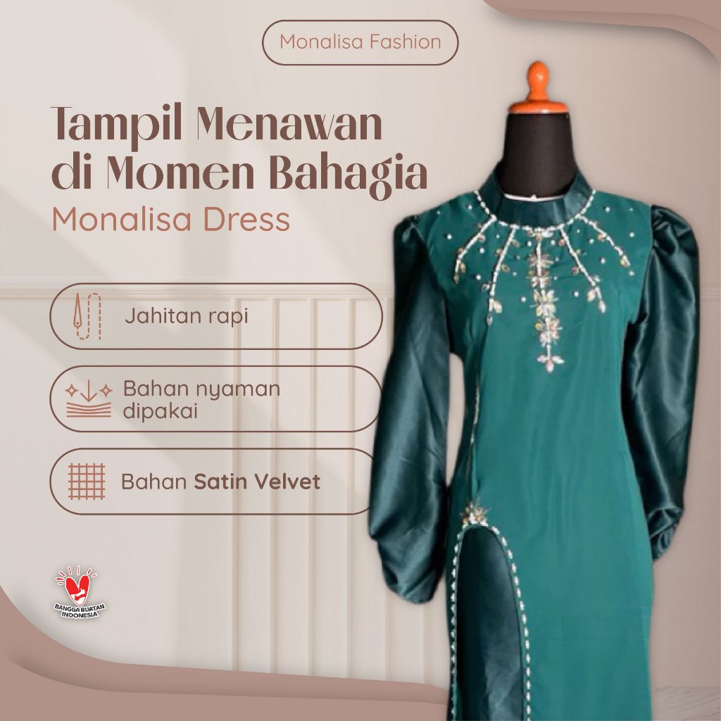 Dress Monalisa Rok Duyung Bahan Satin Velvet Size S M L XL Warna Biru Elektrik Sage Khaki Dan Lainny