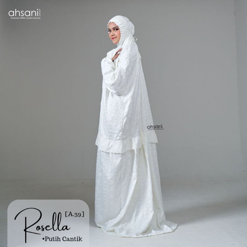 Rosella Ahsani Model Mukena Terusan Menggunakan Lengan Terbuat dari Kain Sutra Super Bordir Timbul N