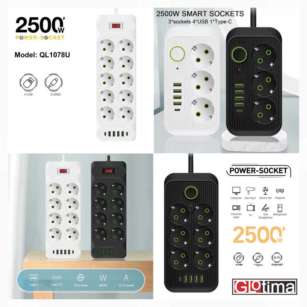 Stop Kontak Arde Terminal Colokan Listrik Kabel Gulung Universal 3 6 8 10 Lubang EU Power Socket 4 S