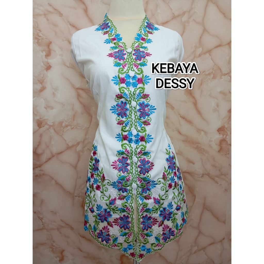 KEBAYA DESSY-KEBAYA ENCIM BORDIR MOTIF BUNGA KAKTUS WARNA PUTIH LENGAN PANJANG BAHAN TOYOBO