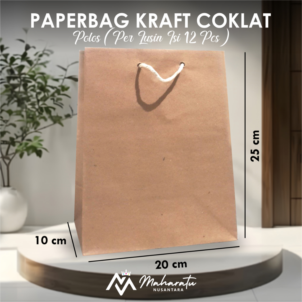 

(12 PCS) PAPER BAG MURAH LUSINAN - PAPER BAG COKLAT POLOS BAHAN KRAFT UKURAN 20 X 25 X 10 CM