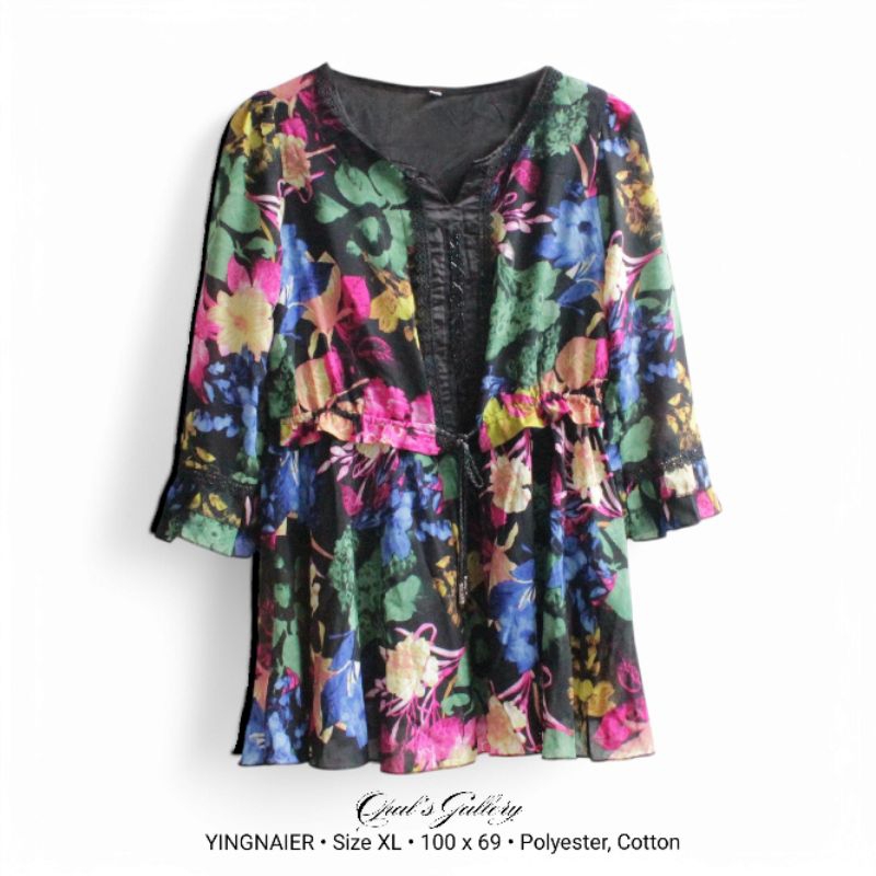 Vintage Floral Lace Blouse Top Atasan Blus Motif Bunga Mix Renda Size XL Polyester Cotton