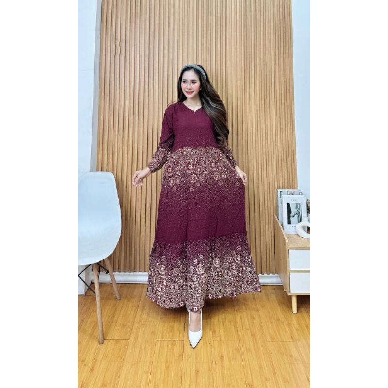 Gamis Rayon Premium Resleting Tebal Motif Bunga Abstrak Terbaru