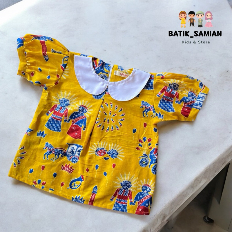 BATIK ANAK PEREMPUAN BLUS BATIK MOTIF BETAWI & MONAS MERAH KUNING BIRU BAHAN KATUN