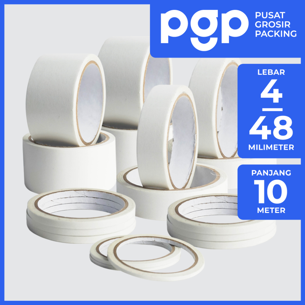 

Double Tape Kertas Aneka Ukuran 4-48mm x 10 Meter | 1 Slop Isi 6-36 Pcs/Roll | Lakban Murah Berkualitas