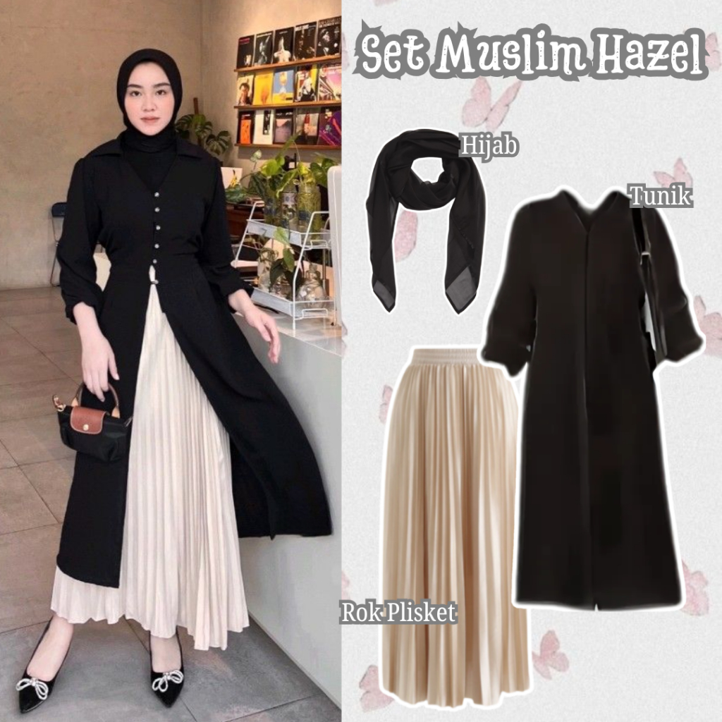 Apathea One Set Muslim Hazel { Tunik + Rok Plisket + Hijab } Fashion Muslim Wanita Kekinian.