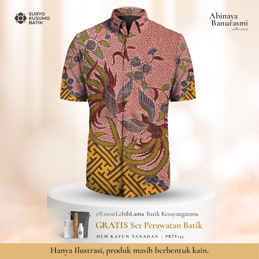 Suryo Kusumo Batik - Kain Batik Tulis Katun Hem Lengan Pendek - Burung Benji Merah