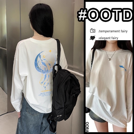 OORA Korea Wanita T-Shirt Grafis Curve T-Shirt Retro Kartun Longgar Bulan Biru Kasual Atasan Wanita 