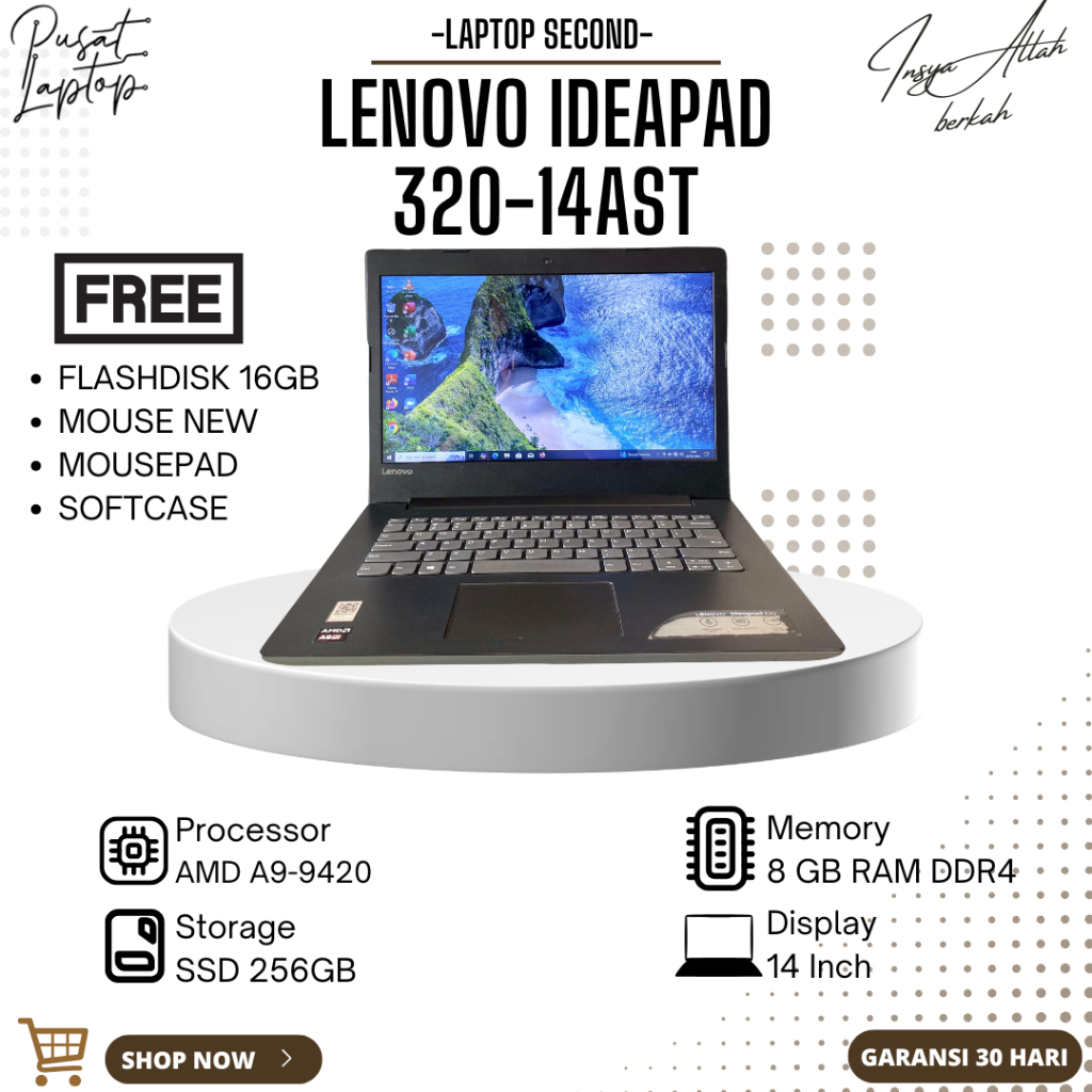 LAPTOP LENOVO IDEAPAD 320-14AST SECOND | AMD A9-9420 | RAM 8GB | SSD 256 GB | NORMAL | BERGARANSI