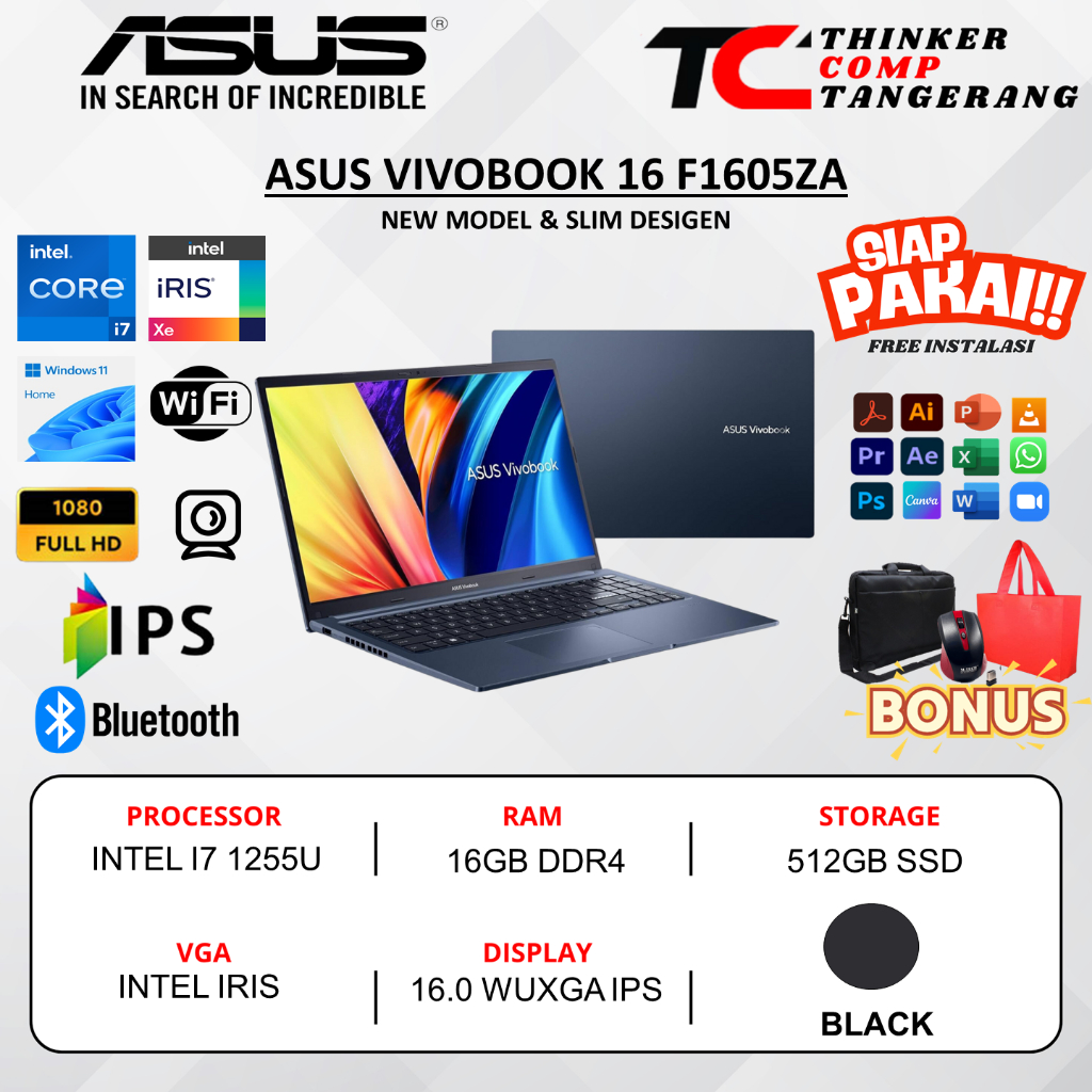 LAPTOP BARU ASUS VIVOBOOK 15 F1605ZA INTEL CORE I7 1255U 16GB 1TB SSD FHD BACKLIGHT KEYBOARD WIN 11 