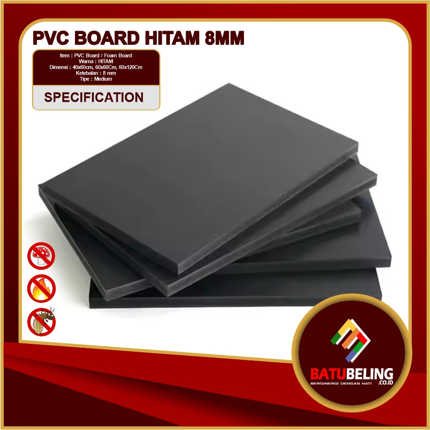 PVC Board Hitam 8mm Ukuran 40 x 60 cm, 60 x 60 cm, 60 x 120 cm Lembaran Triplek Kedap Air Medium Ter