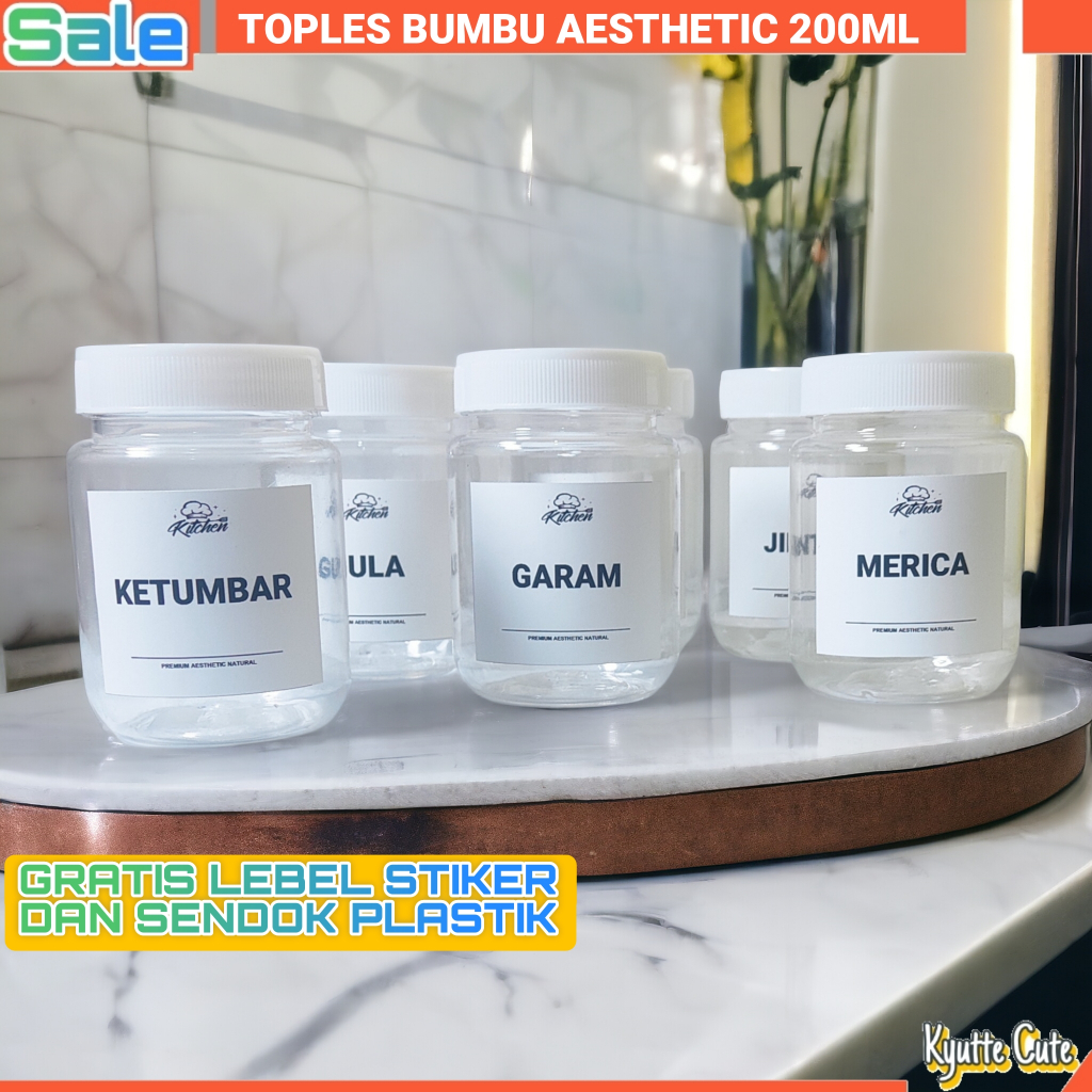 Toples Bumbu Dapur Set Aesthetic 200ML Gratis Label Stiker Waterproof Dan Sendok Plastik