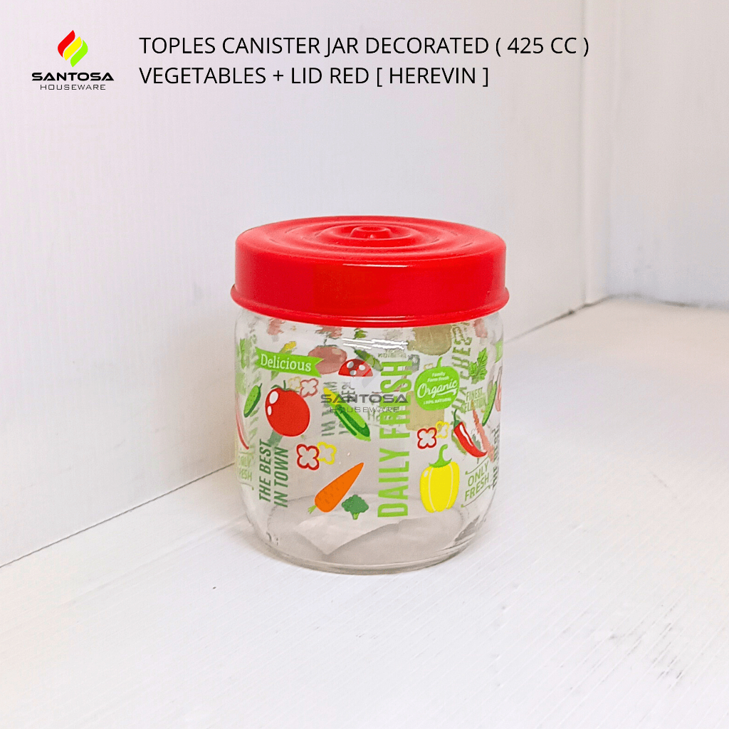 Toples Canister Jar Decorated ( 425 cc ) Vegetables + Lid Red [ Herevin ]