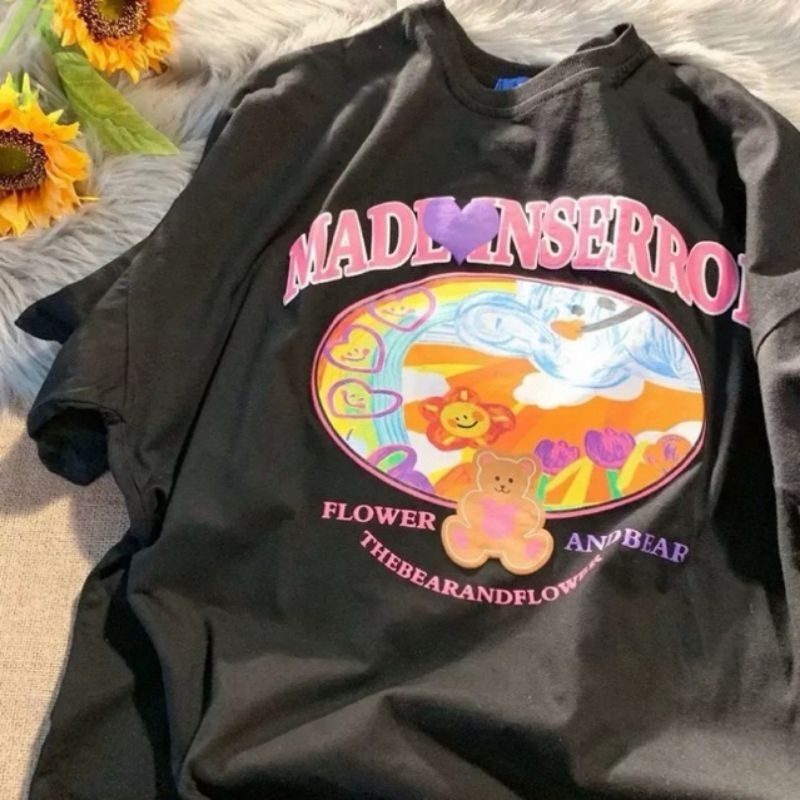 KAOS T-Shirt100%KATUN OVERSIZE WANITA PRIA Flower&Bear WOLLAGLE GAYA KOREA HYPEBEAST KOREA KSA-LULU