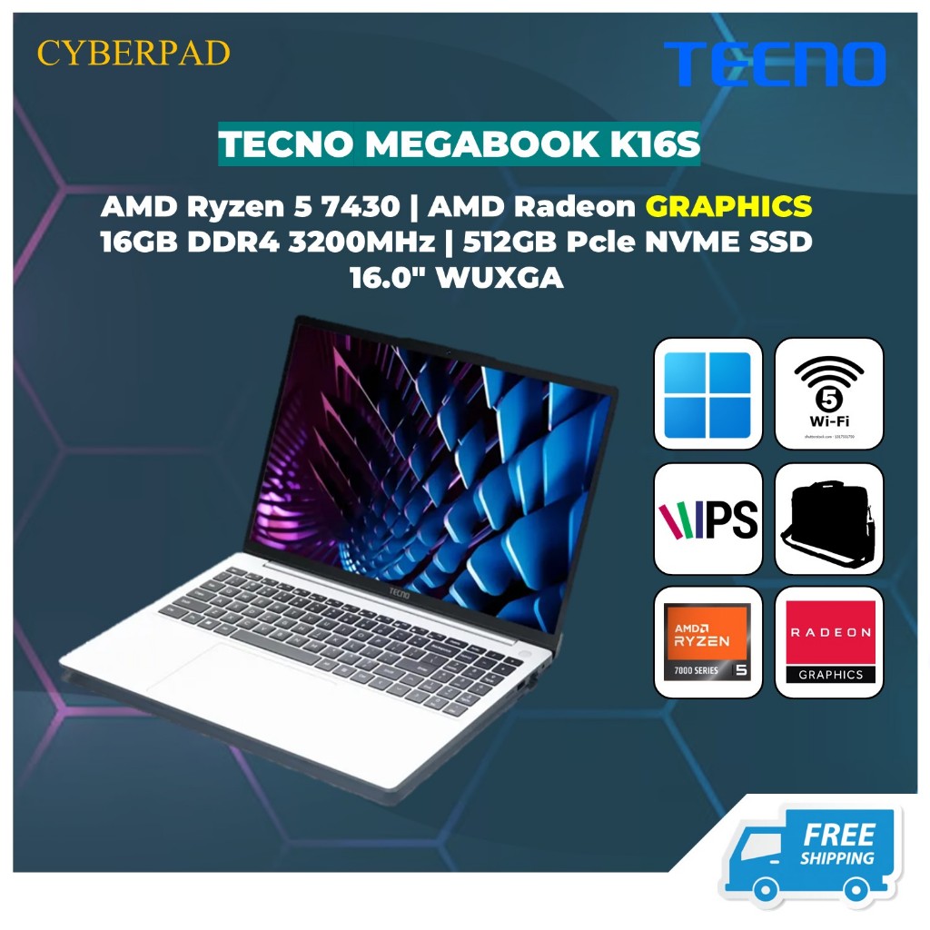 TECNO MEGABOOK K16S RYZEN 5 7430 16GB 512GB W11 16.0WUXGA IPS SILVER