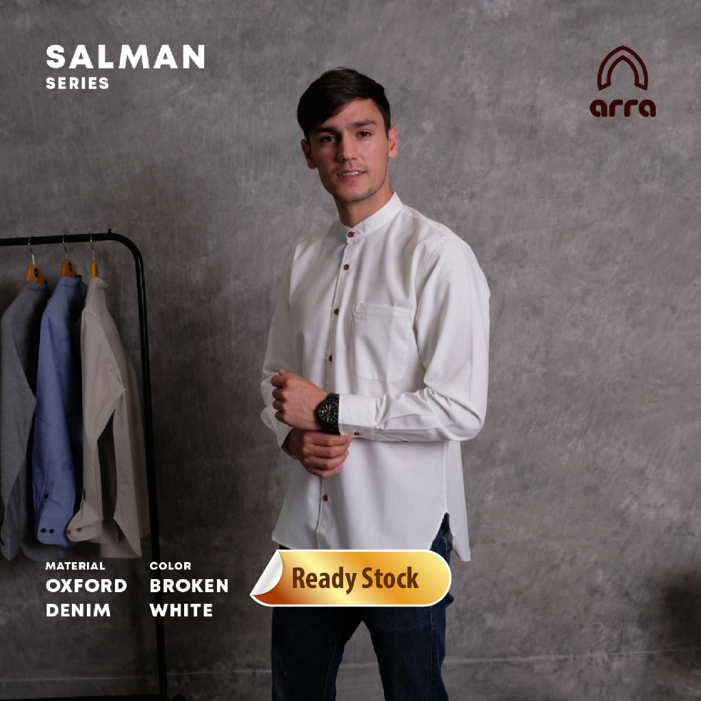 Kemeja Koko Pria Lengan Panjang Muslim Kemko Cowok Gamis Big Size Jumbo Baju Katun Oxford Denim Salm
