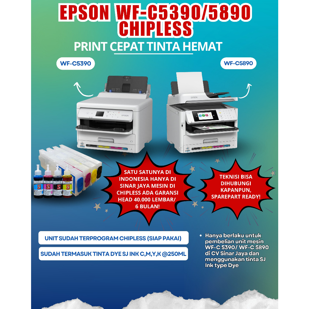 PAKET CHIPLESS PRINTER EPSON WFC 5390 DAN WF-C5890 BERGARANSI + TINTA SJ INK 4 LITER