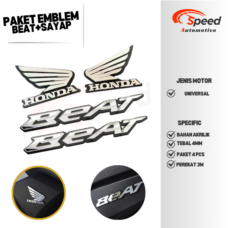 PAKET STICKER EMBLEM HONDA BEAT DAN WINGS TIMBUL 3D 1 PAKET ISI 4PCS AKRILIK MIRROR