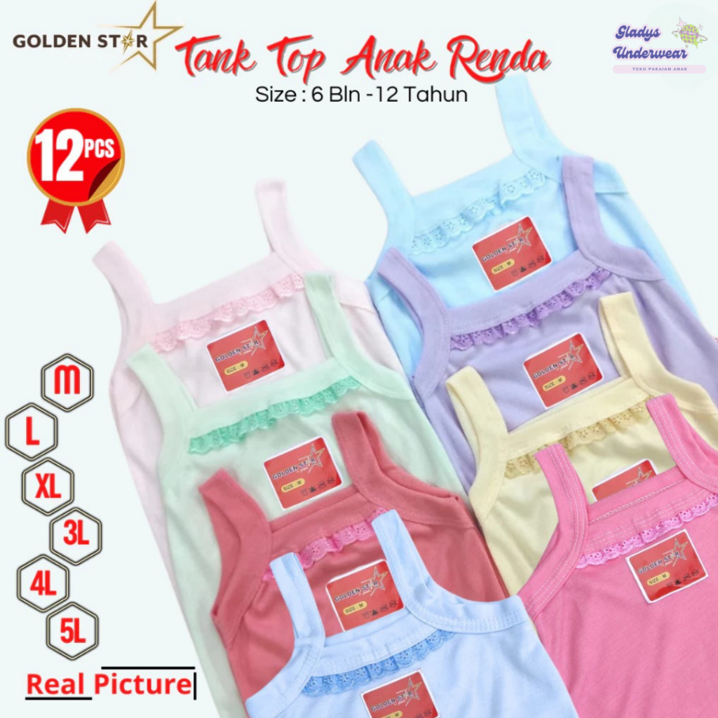 12 PCS Singlet Anak Perempuan Sampai Remaja Motif Renda Khusus warna warni | Kaos Dalam Anak  | Sing