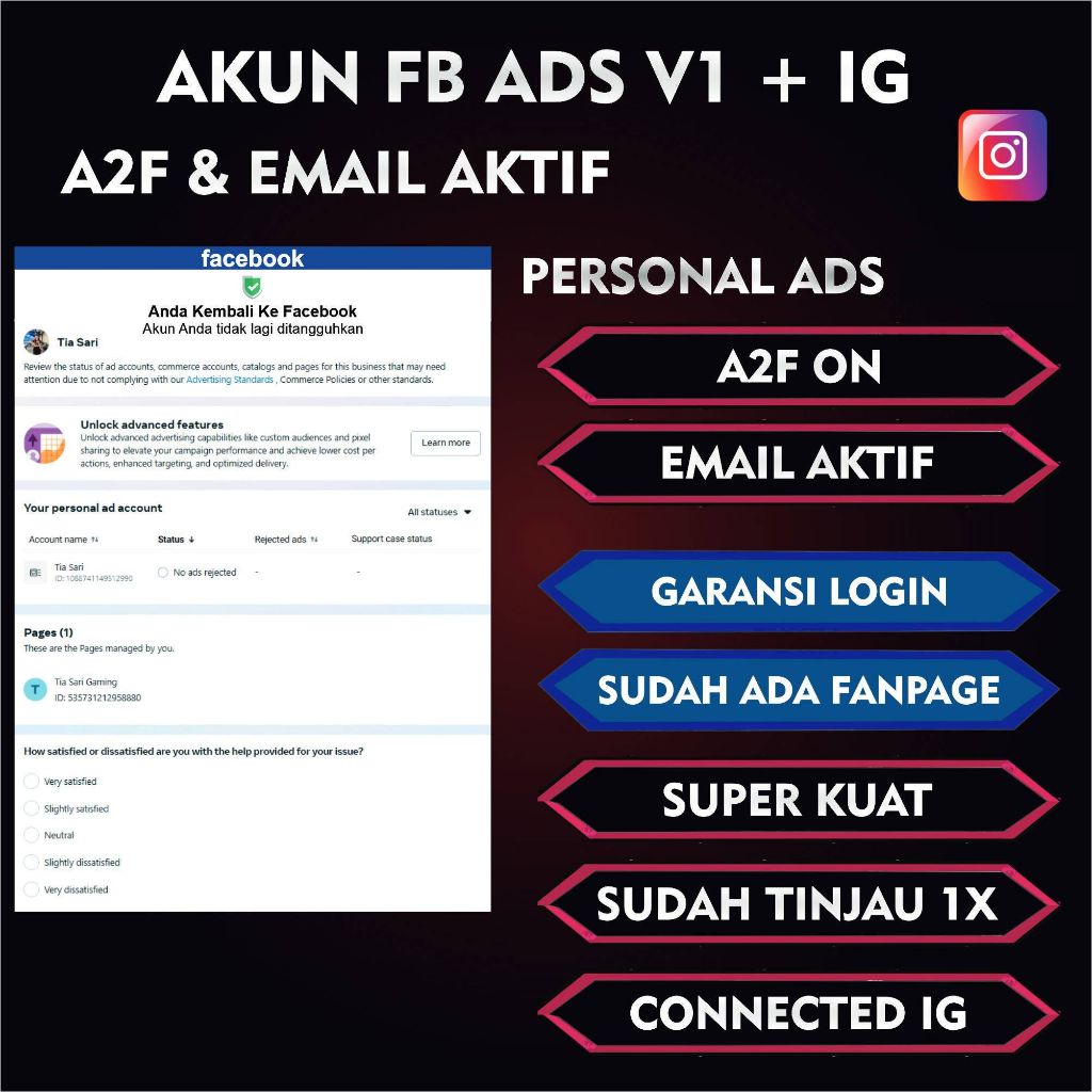 FB Ads Personal + Verif 1X + IG + Sudah Berhalaman, A2F ON Dan Email Aktif Bisa Ganti Password