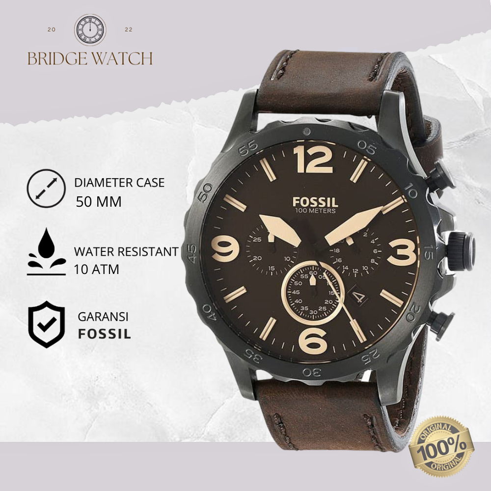 Jam Tangan Pria Fossil Nate Chronograph Analog Brown Leather Strap Kulit Cowok Water Resistant Sport