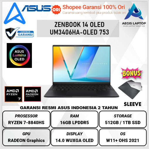 ASUS Zenbook 14 OLED UM3406HA Ryzen 7-8840HS 16GB 512GB 14" W11 OHS