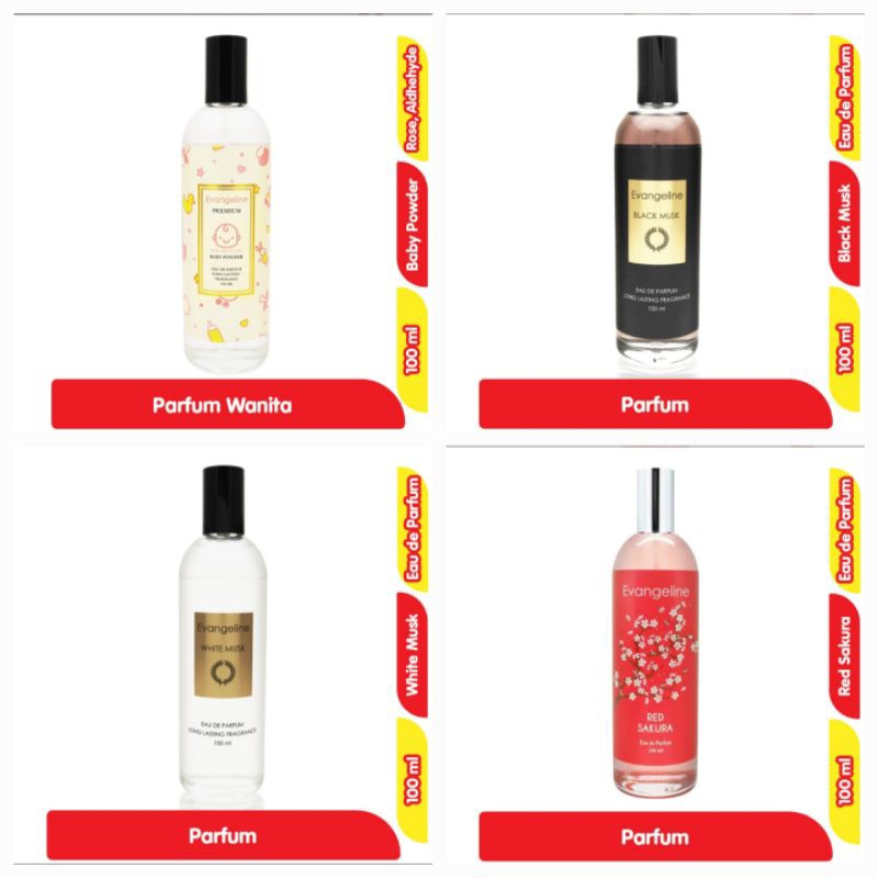 EVANGELINE premium parfum wanita baby powder, black musk, white musk, red sakura 100ml