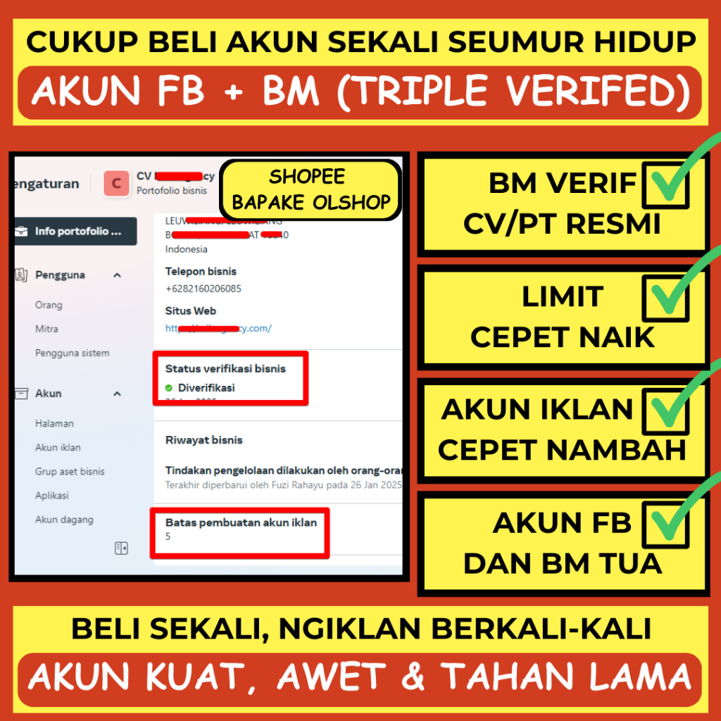 Jual Akun FBfacebook Ads + BM Triple Verif Bisnis Berkualitas & Bergaransi