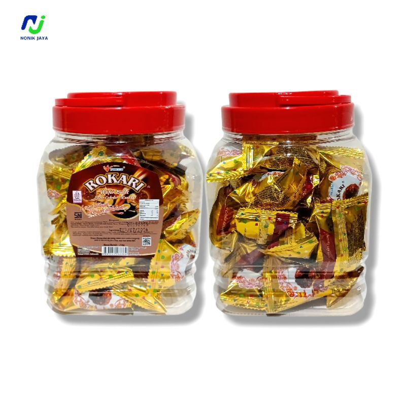 

ROKARI Wafer Bulat Bersalut Cokelat & Kacang Toples@210g - 1 Toples Isi 31 Pcs