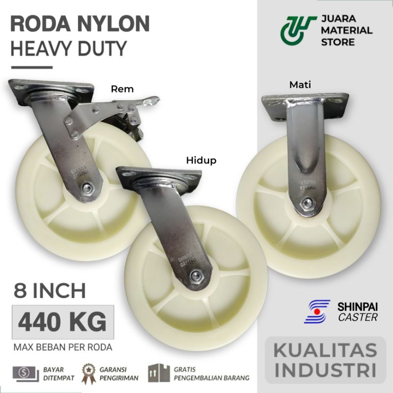 Roda Troli 8 inch 200 mm Nylon High Strength Ball Bearing Plate Storage Gerobak Etalase Meja Lemari 