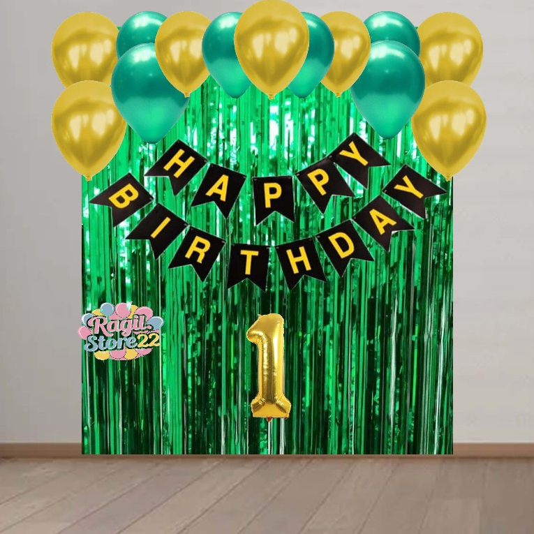 Paket Set Dekorasi Ulang Tahun Anak Tirai Rumbai Hijau Balon Metalik Hijau Gold
