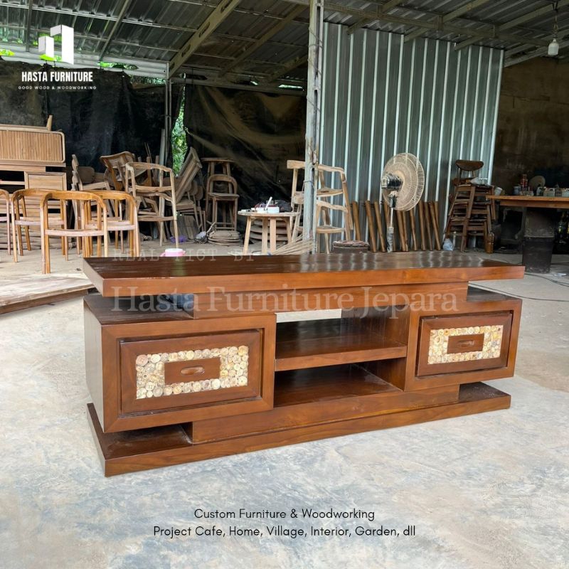 Buffet TV Kayu Jati 2 Laci / Meja TV Minimalis Kaca Mata Koin Kayu Jati 150x45x55cm
