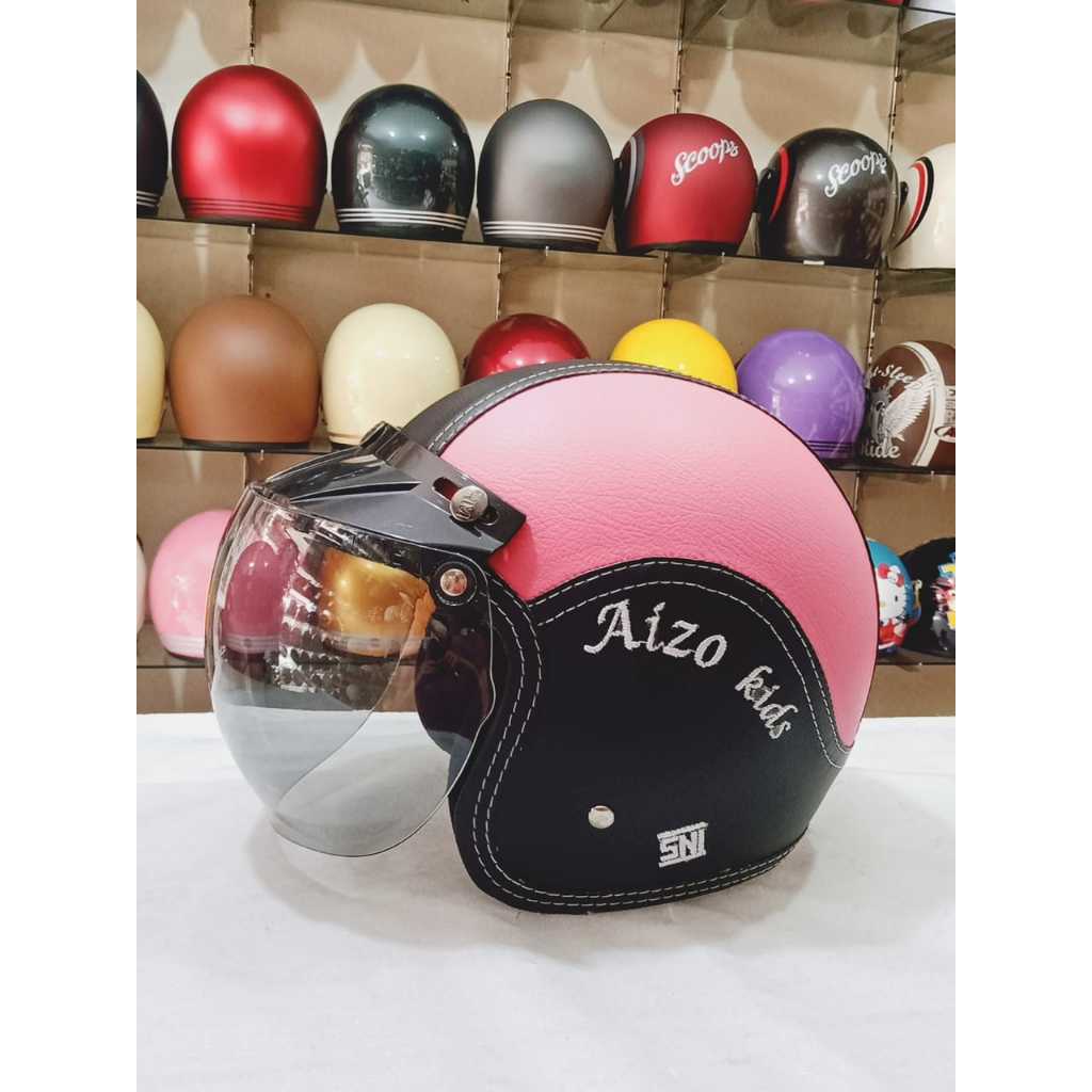 Aizo Kids Helm Anak Full Kulit Warna Pink Hitam SNI Helm Berkualitas COD Packing Kardus Bubble Wrap