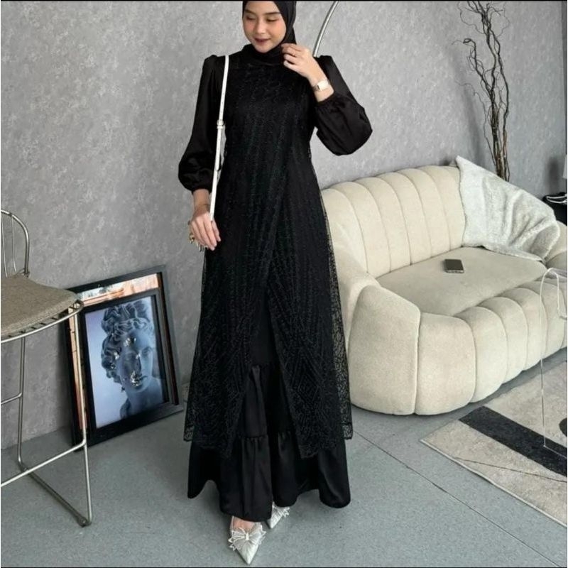 Olivia Dress Velvet Mix Brokat Import Desain Mewah Elegan Ootd Pesta Gamis Jumbo Mode2024 Buat pesta