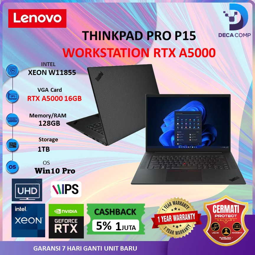 LENOVO ThinkPad Pro P15 WorkStation 4K UHD XEON W11855 QUADRO RTX A5000 128GB 1TB W11 15.6