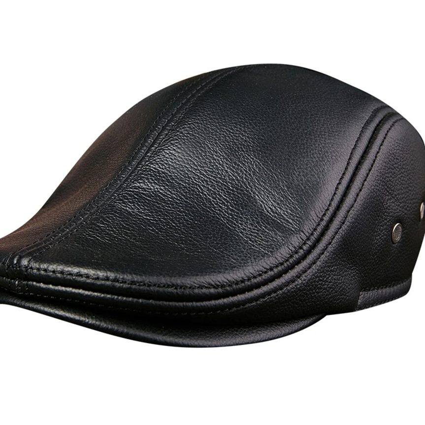 Topi Datar Topi Duckbill Kulit Asli Pria Topi Baret Penutup Telinga Topi Direksi Kasual Hitam Topi B