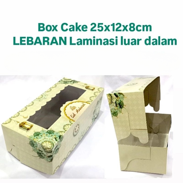 

( 5pcs ) Box Mika Bolu Gulung Lebaran Dus Brownies Motif Eid Mubarak Lentera Hijau Muda Ukuran 25x12x8 cm