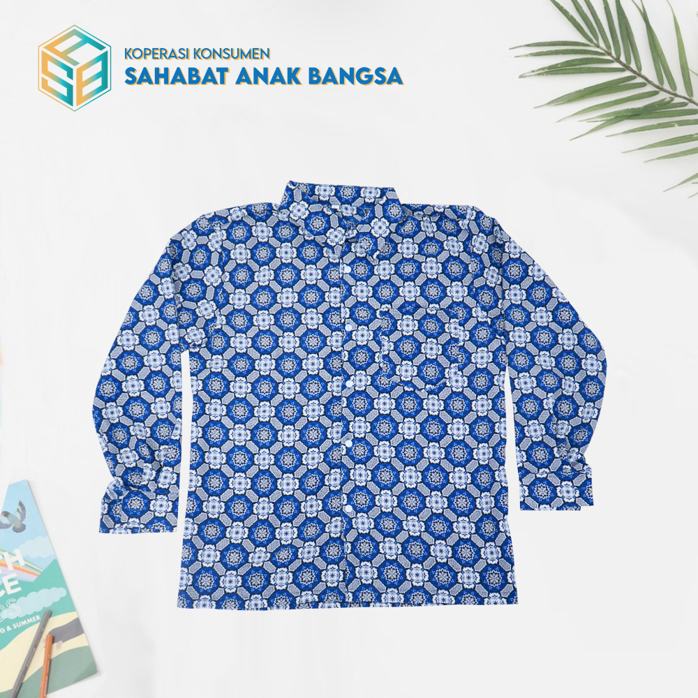 Kemeja Seragam Batik Sekolah SMP/SMA Motif Bunga Matahari Biru Lengan Panjang