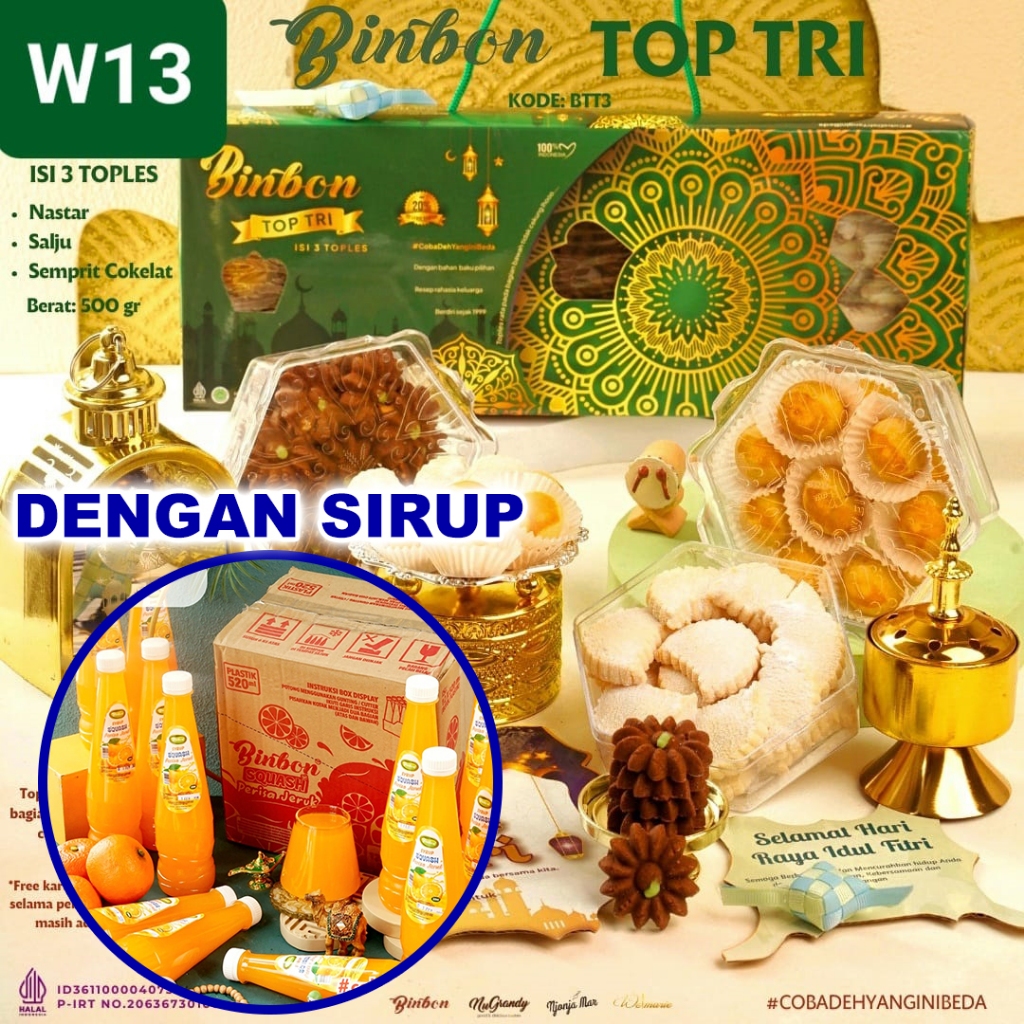 

Apazada - Kue Kering Lebaran Binbon Top Tri Squash / Hampers Kue Lebaran Paket 3 Toples + 1 Sirup