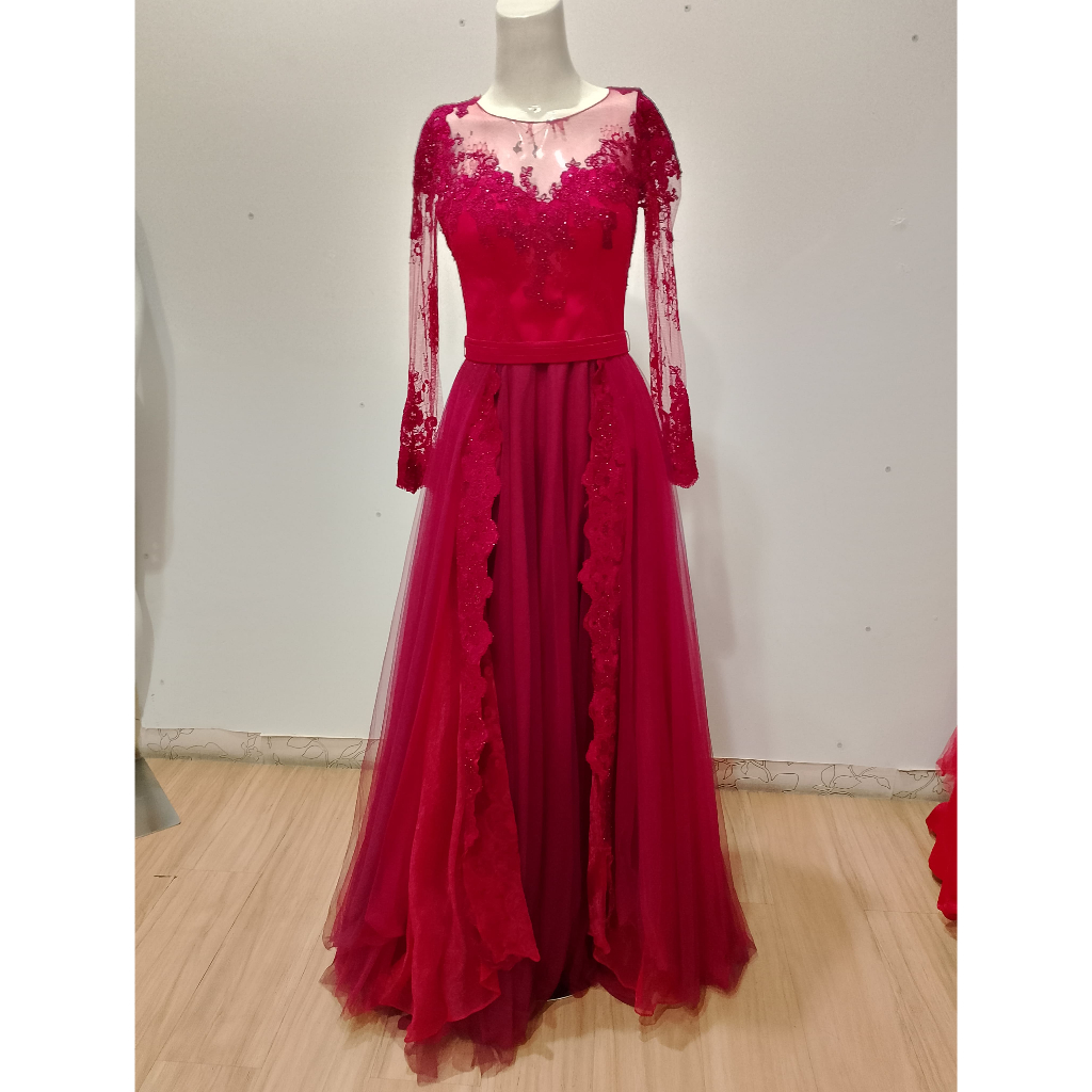 Gaun Dress Pesta Red Lace Brokat Preloved