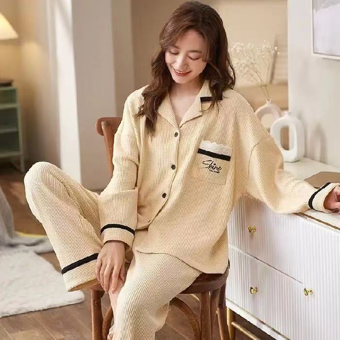 Baju Pakaian Tidur Wanita Dewasa Set PIYAMA HANDUK POLOS KERAH HITAM Baju Lengan Panjang Celana Panj